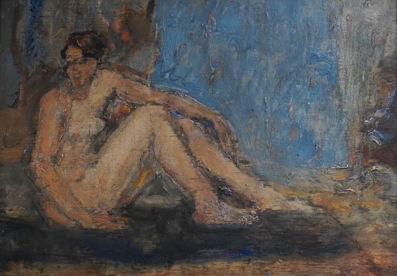 Modern British, oil on board, Study of a seated nude woman, a similar study verso, 24 x 34cm. Condition - fair to good